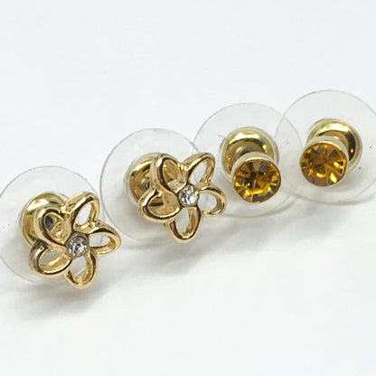 3 Pair Bundle of Assorted Gold Bird Flower Crystal Design Stud Earrings