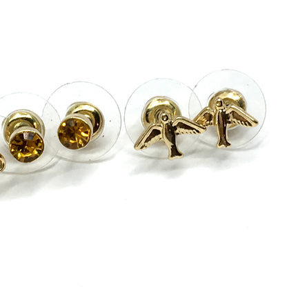 3 Pair Bundle of Assorted Gold Bird Flower Crystal Design Stud Earrings