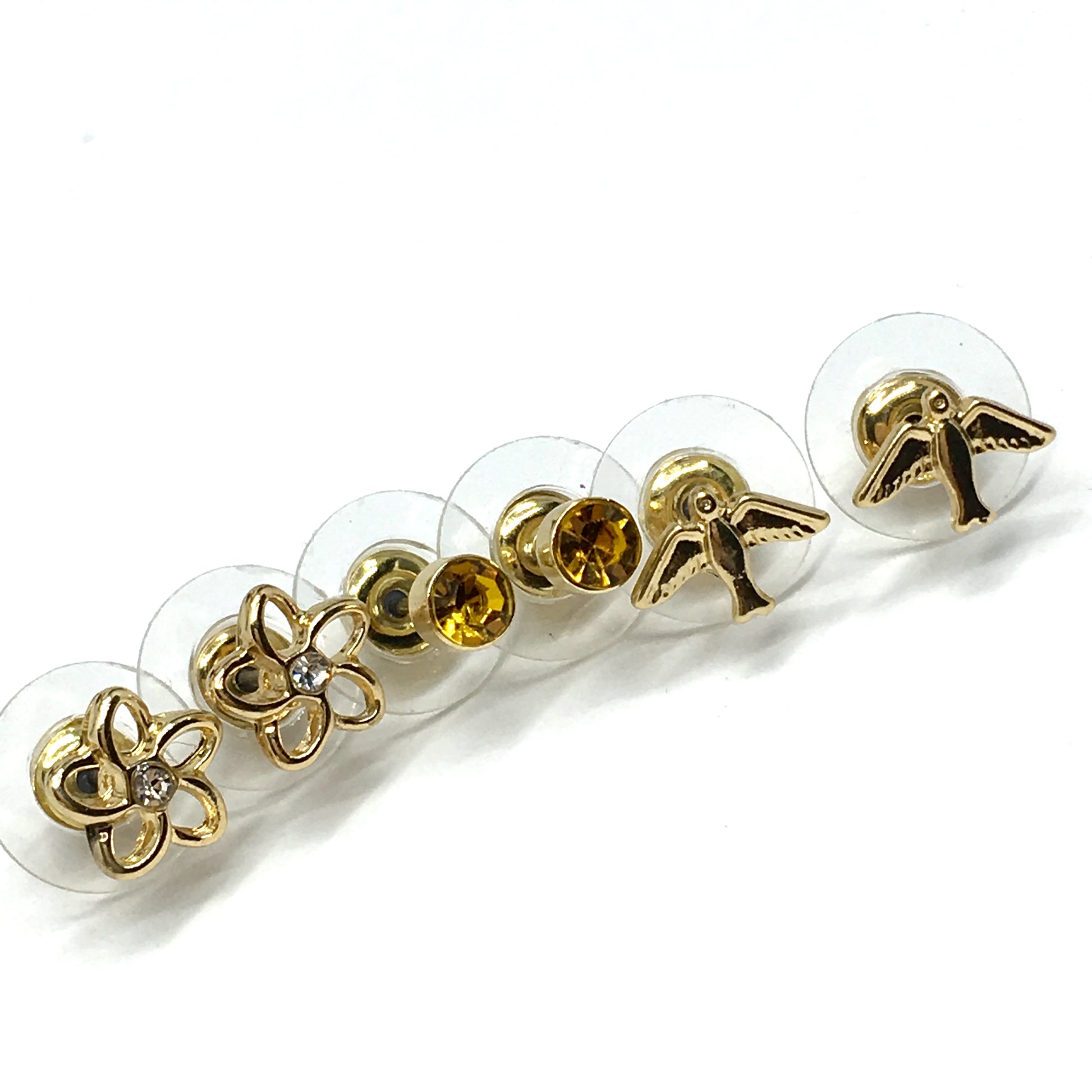3prs Bird Flower Crystal Design Golden Small Stud Earrings