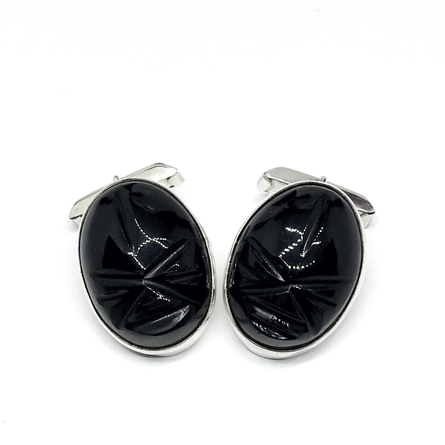 Mens Cufflinks | Vintage Sterling Silver Black Carved Stone Whaleback Cuff Links