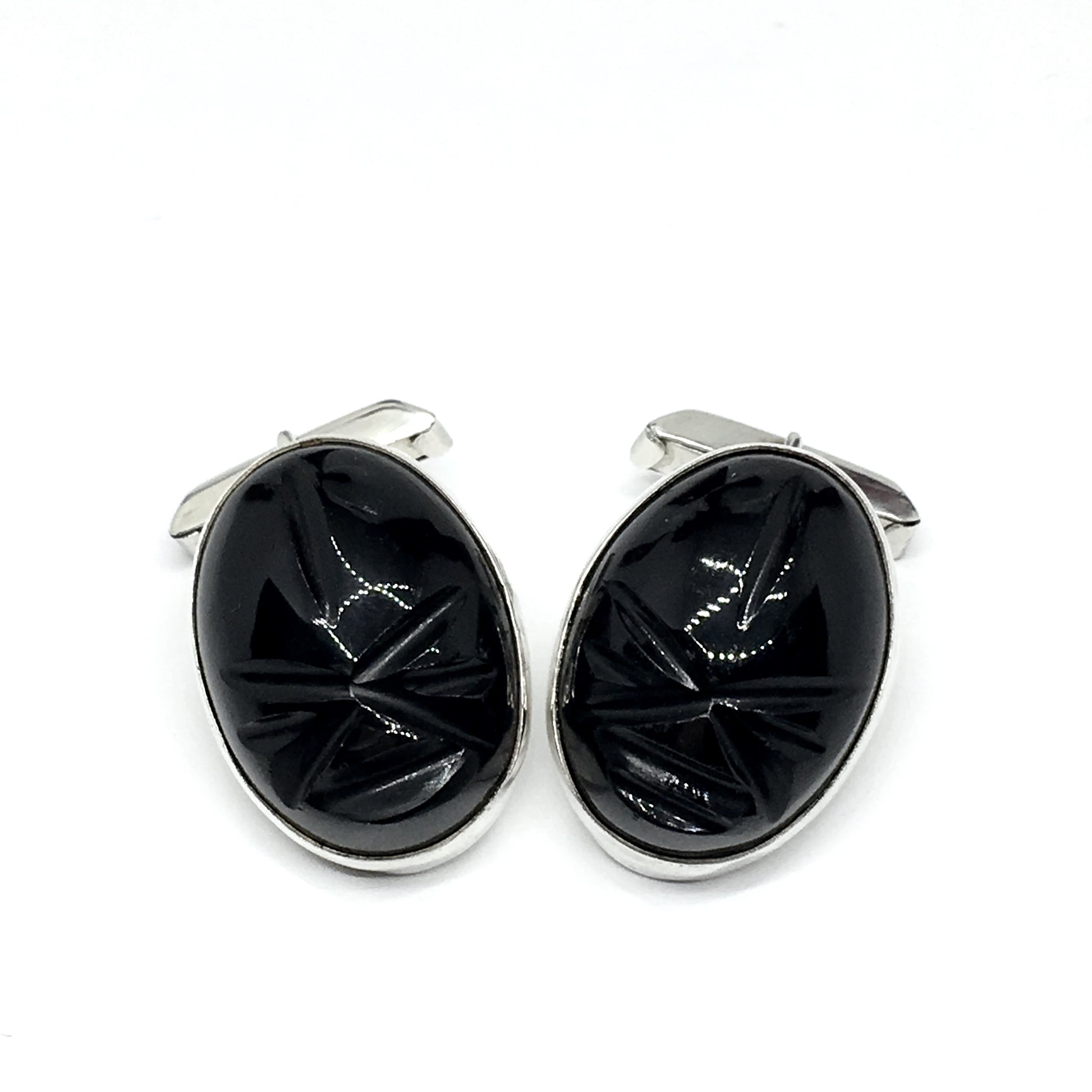 Mens Cufflinks | Vintage Sterling Silver Black Carved Stone Whaleback Cuff Links