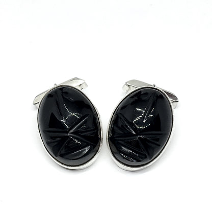 Mens Cufflinks | Vintage Sterling Silver Black Carved Stone Whaleback Cuff Links