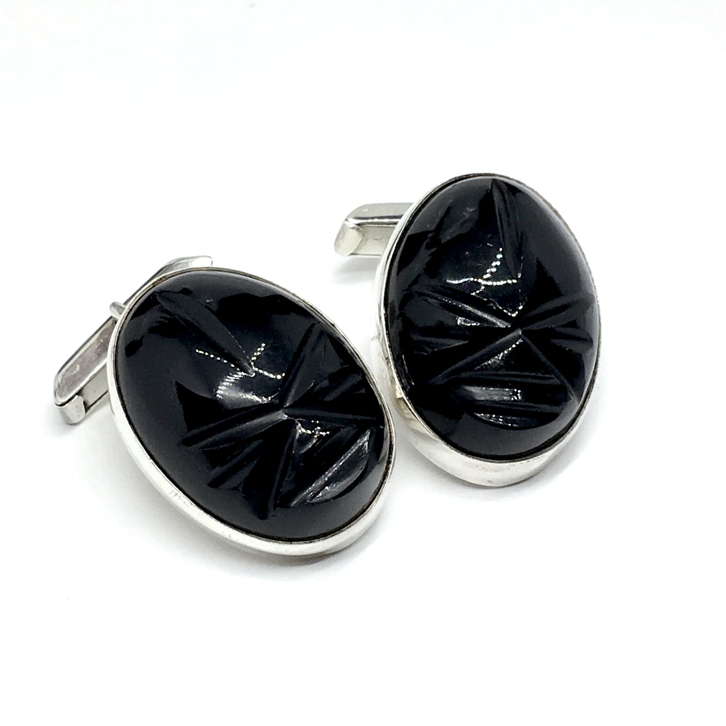 Mens Cufflinks | Vintage Sterling Silver Black Carved Stone Whaleback Cuff Links