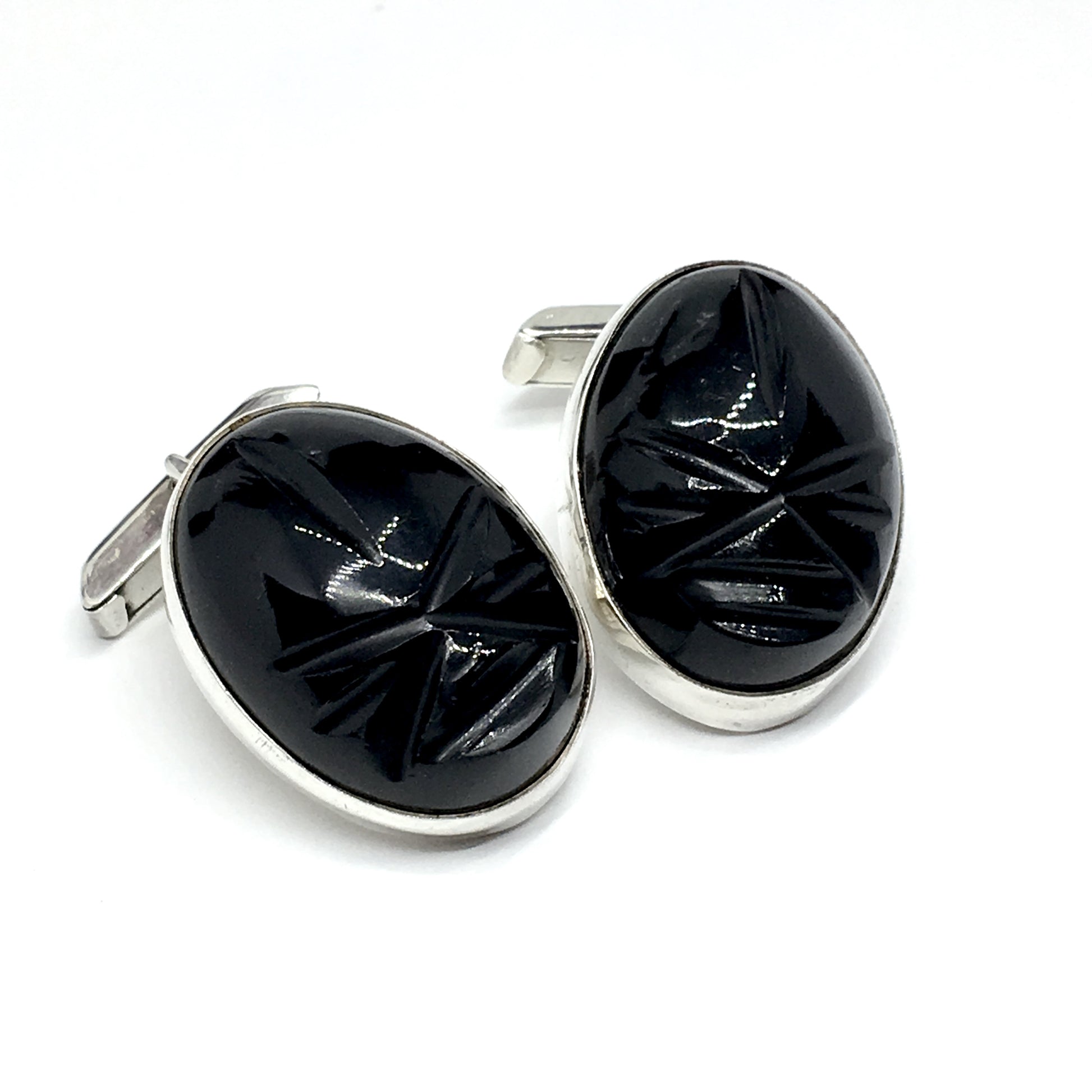 Mens Cufflinks | Vintage Sterling Silver Black Carved Stone Whaleback Cuff Links