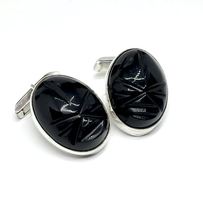Mens Cufflinks | Vintage Sterling Silver Black Carved Stone Whaleback Cuff Links