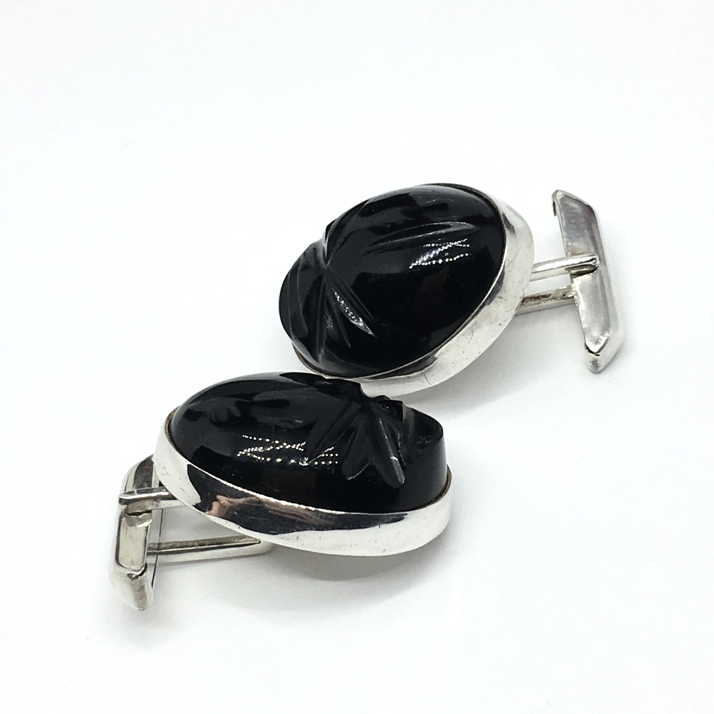 Mens Cufflinks | Vintage Sterling Silver Black Carved Stone Whaleback Cuff Links