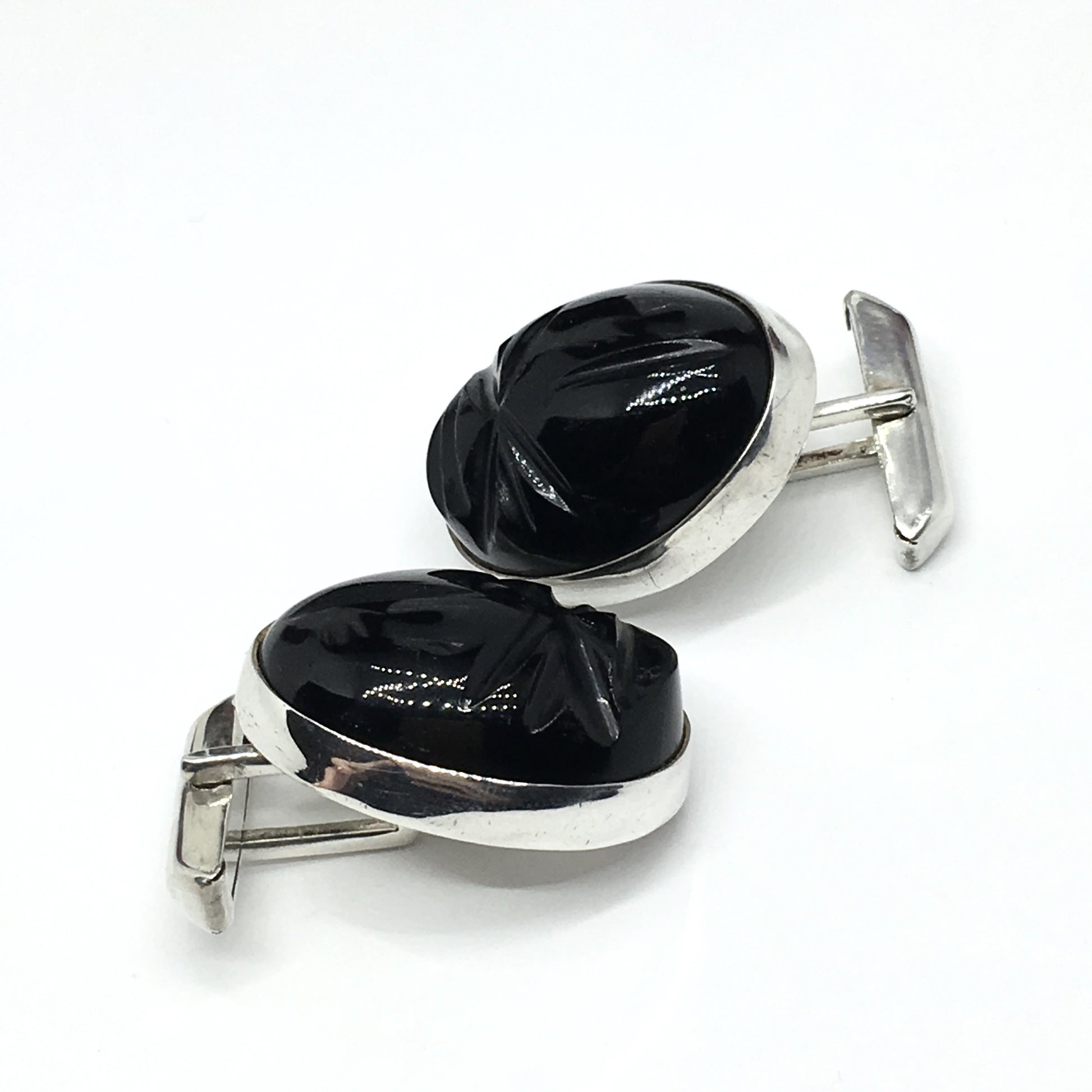 Mens Cufflinks | Vintage Sterling Silver Black Carved Stone Whaleback Cuff Links