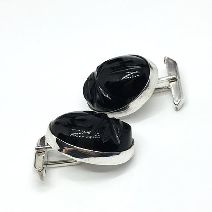 Mens Cufflinks | Vintage Sterling Silver Black Carved Stone Whaleback Cuff Links
