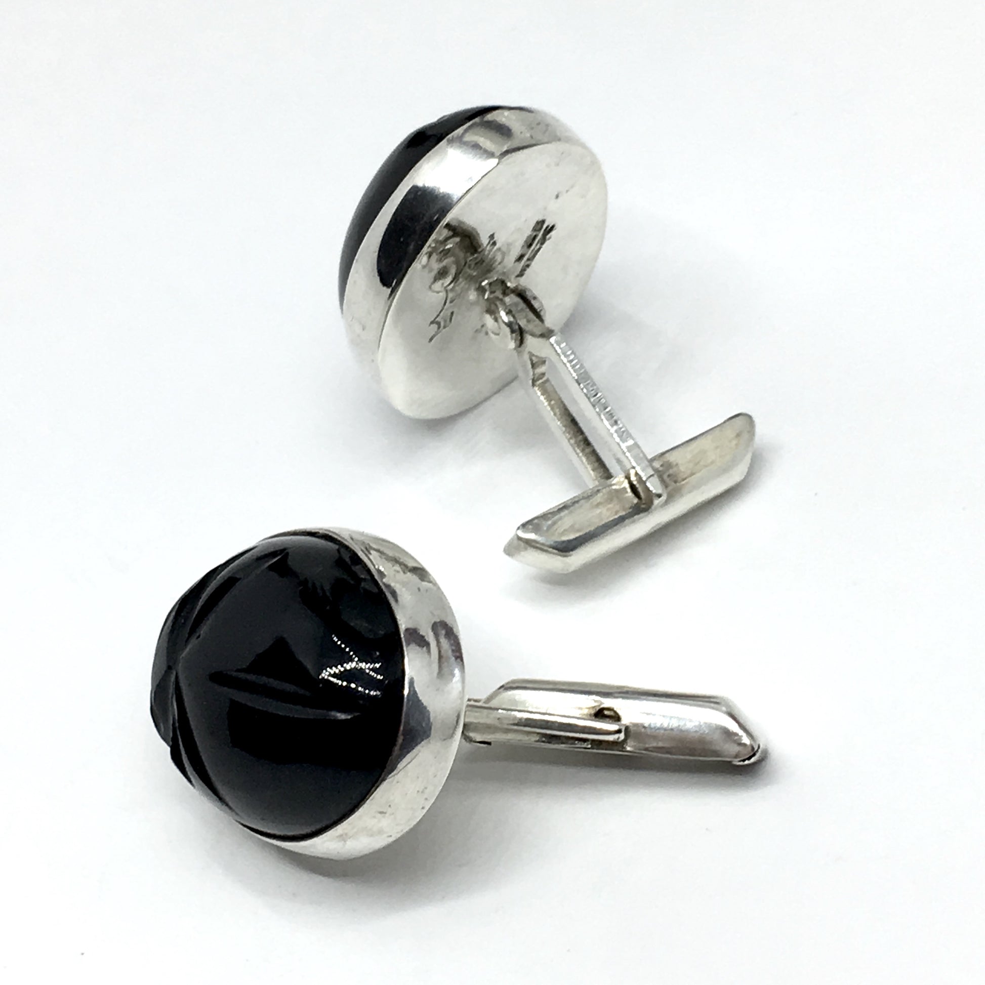 Mens Cufflinks | Vintage Sterling Silver Black Carved Stone Whaleback Cuff Links
