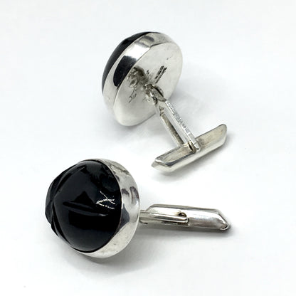 Mens Cufflinks | Vintage Sterling Silver Black Carved Stone Whaleback Cuff Links