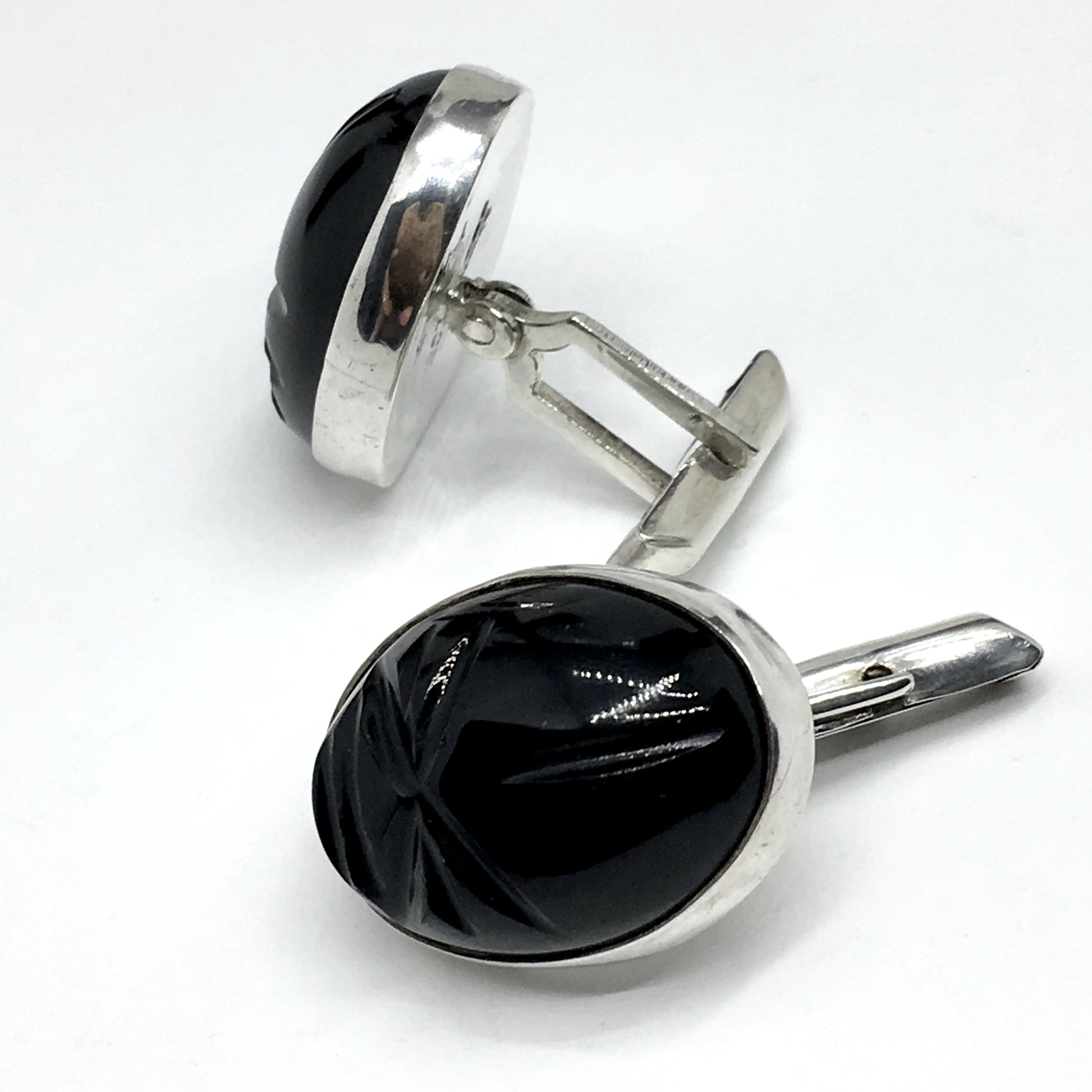 Mens Cufflinks | Vintage Sterling Silver Black Carved Stone Whaleback Cuff Links