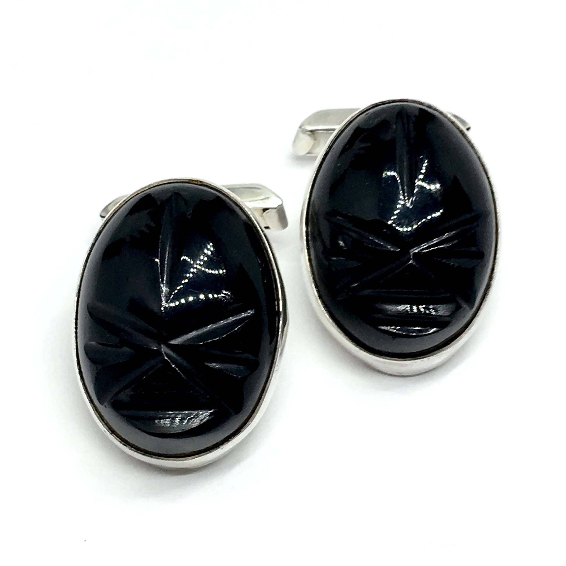 Mens Cufflinks | Vintage Sterling Silver Black Carved Stone Whaleback Cuff Links
