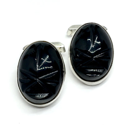 Mens Cufflinks | Vintage Sterling Silver Black Carved Stone Whaleback Cuff Links