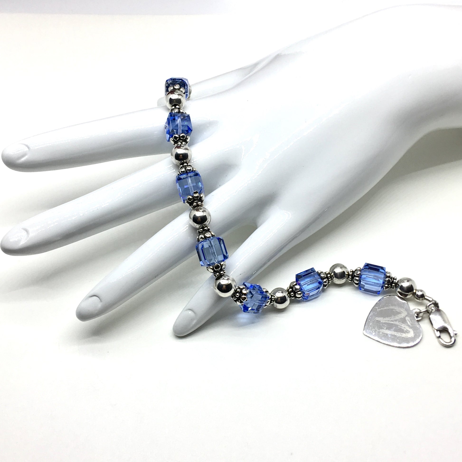 Jewelry used | Sterling Silver Heart Charm Blue Crystal Bead Bracelet 6.75