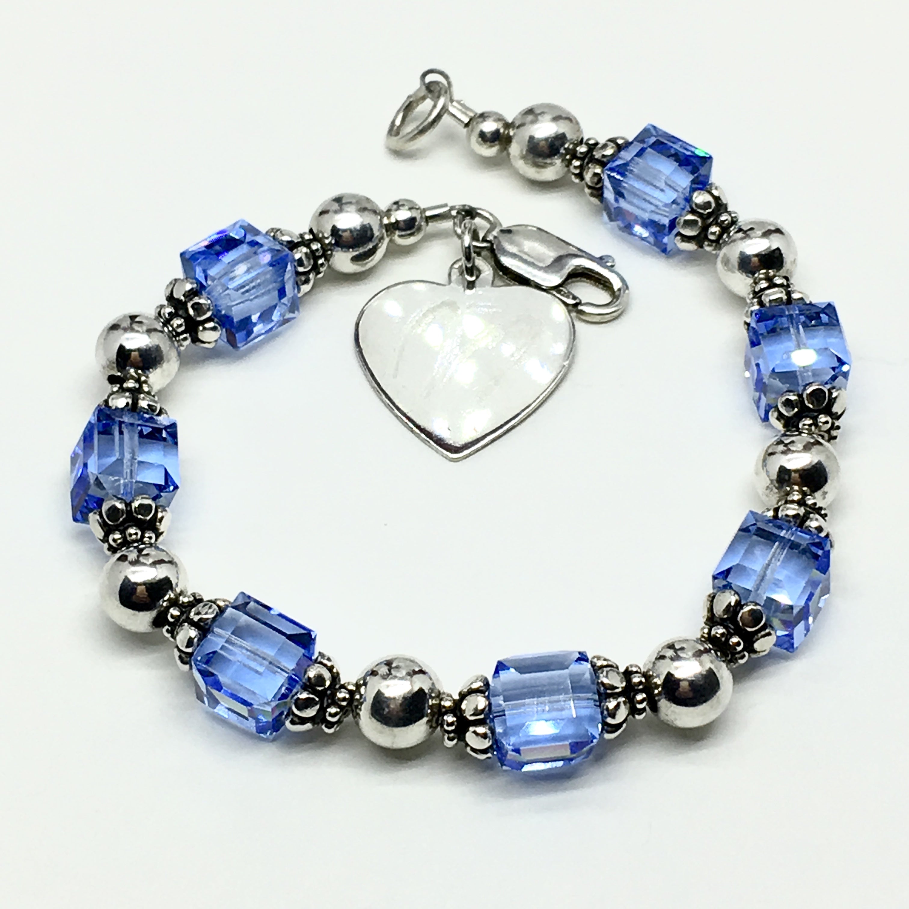 Sterling Silver Cornflower Blue Crystal Cube Beaded Bracelet 6.75