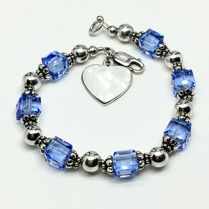 Womens Bracelets | Sterling Silver Heart Charm Blue Crystal Bead Bracelet 6.75 | Discount Fine Jewelry