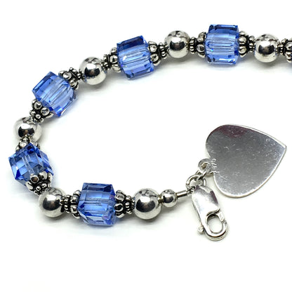 Jewelry used | Sterling Silver Heart Charm Blue Crystal Bead Bracelet 6.75