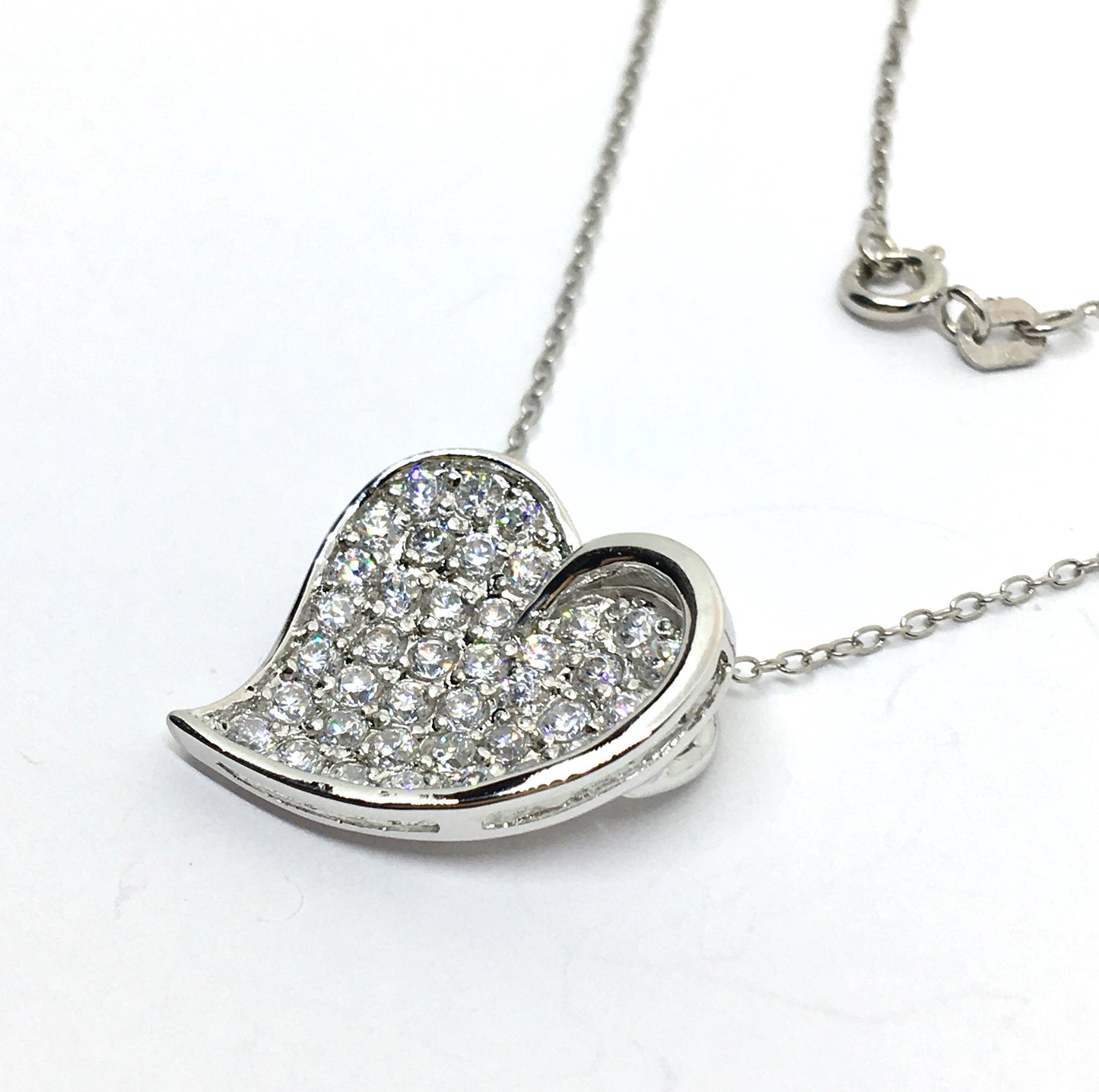 18" Sterling Silver Cable Chain Necklace, with a Glittering Fancy Paved CZ Heart Pendant