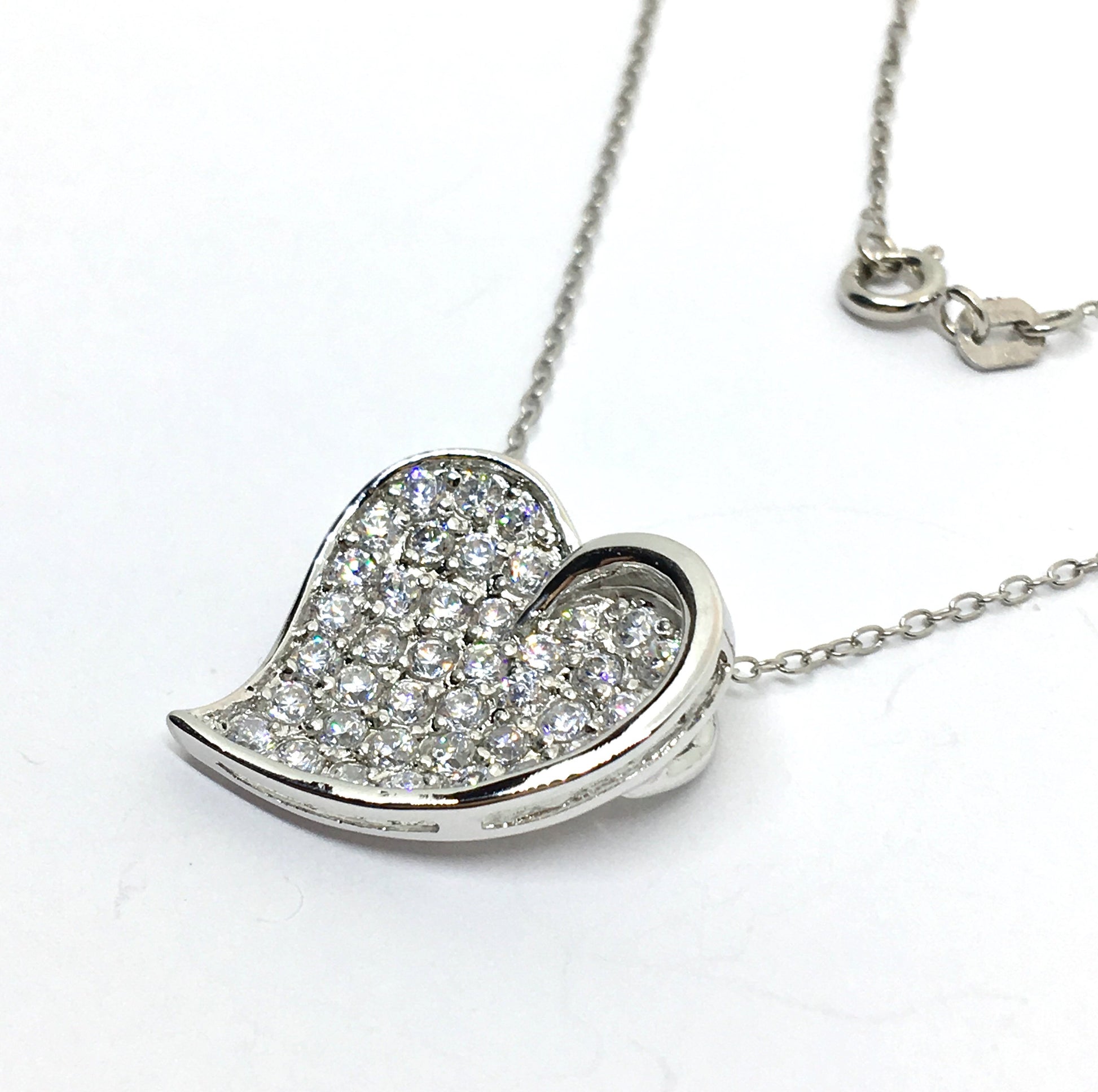 18" Sterling Silver Cable Chain Necklace, with a Glittering Fancy Paved CZ Heart Pendant