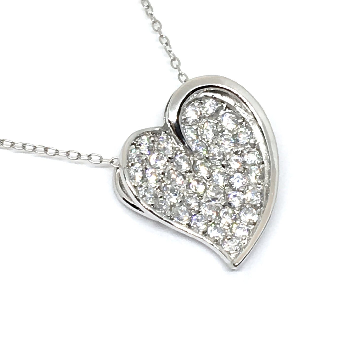 18" Sterling Silver Glittering Fancy Paved CZ Heart Pendant