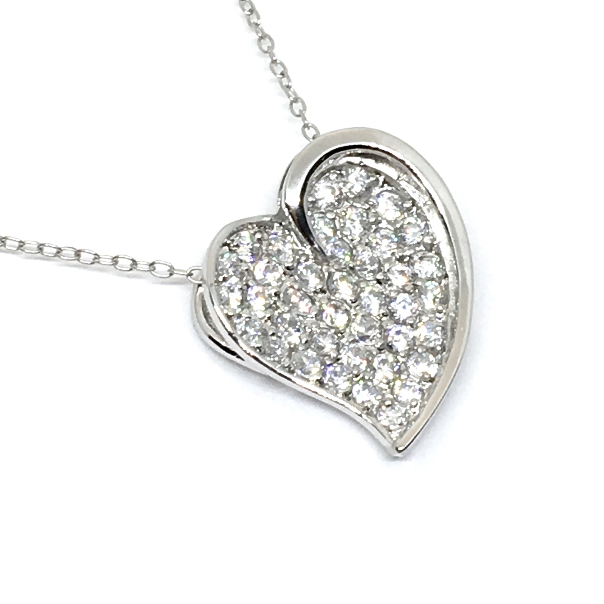 18" Sterling Silver Glittering Fancy Paved CZ Heart Pendant