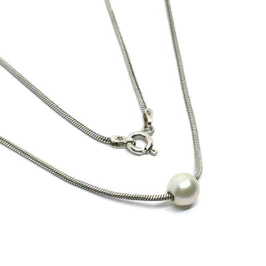 18" Sterling Silver Pearl Necklace, Elegant Sliding Single Pearl Snake Chain Necklace