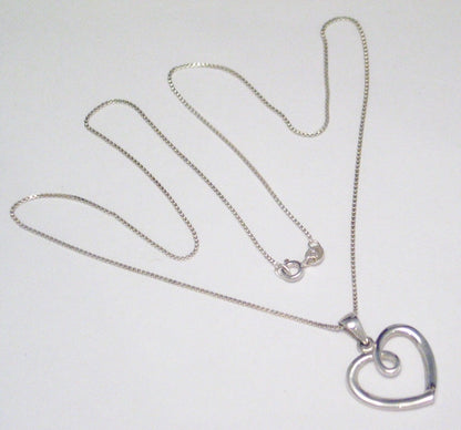 Heart Necklace, Sterling Silver Open Heart Design Pendant Box Chain Necklace Bundle