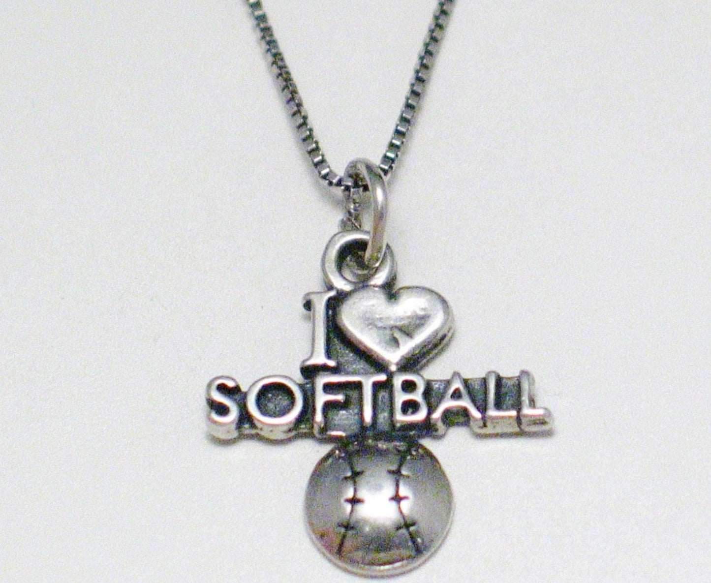 Charm Necklace | Sterling Silver I Love Softball Pendant Necklace 18.5" | Discount Estate Jewelry