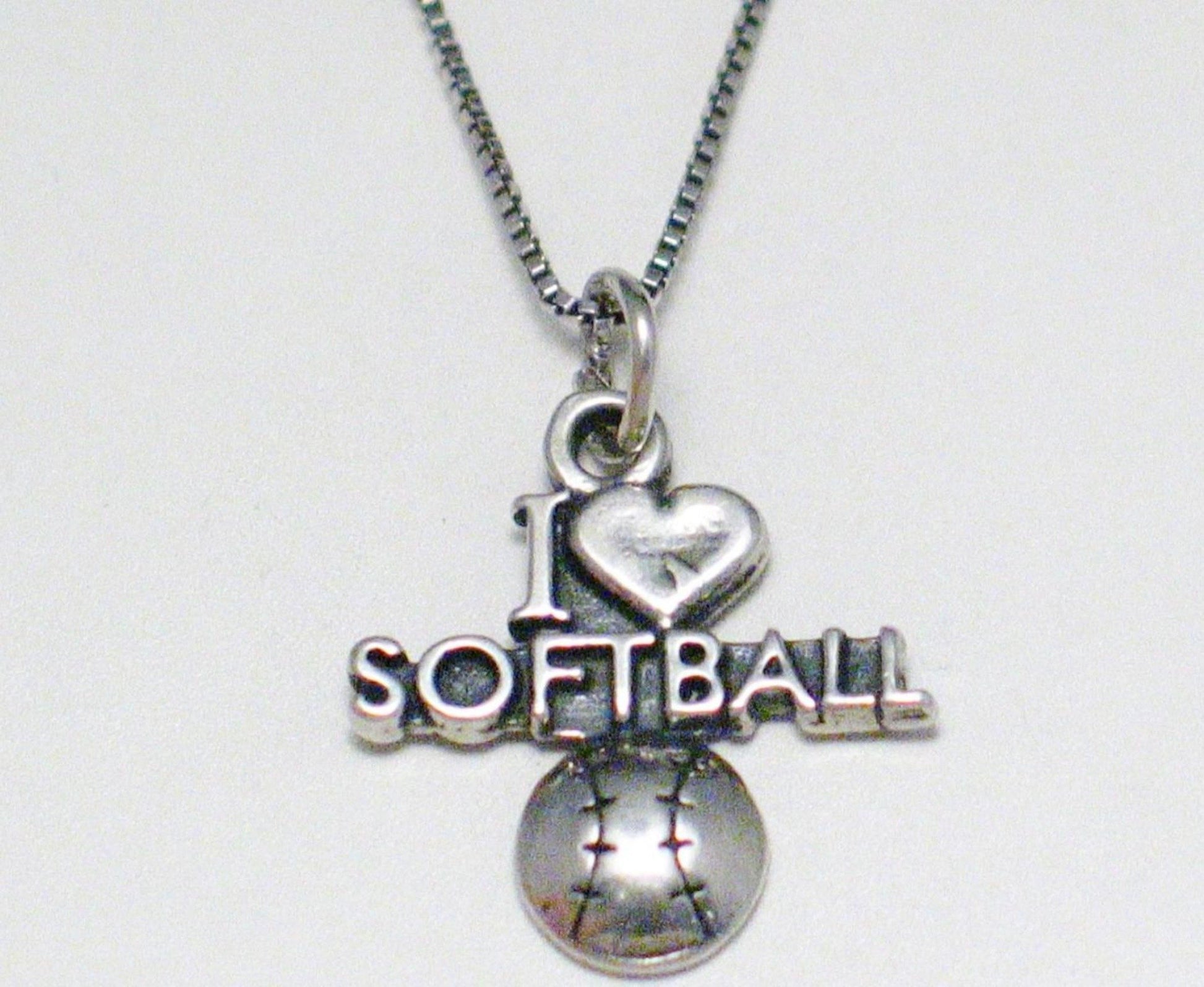 Pendant Necklace Bundle, Sterling Silver I Love Softball Charm Sports Statement Necklace