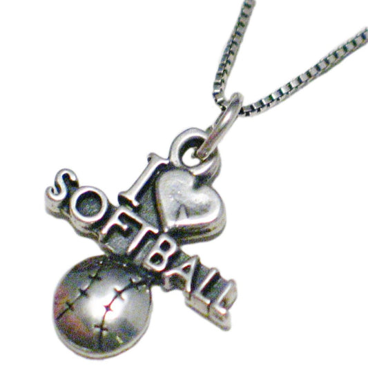 Pendant Necklace Bundle, Sterling Silver I Love Softball Charm Sports Statement Necklace