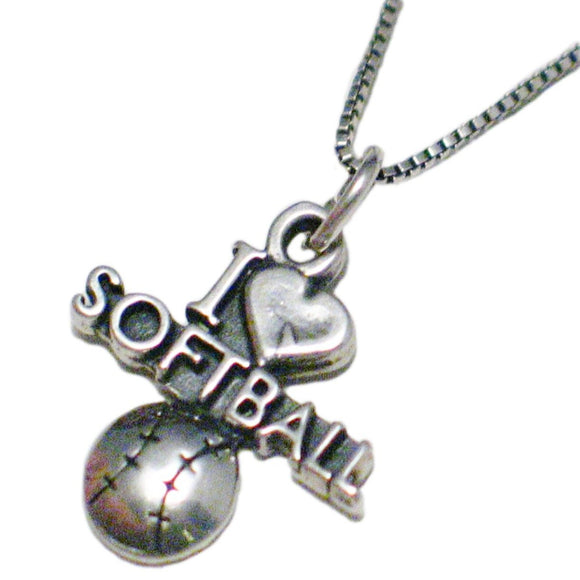 Charm Necklace | Sterling Silver I Love Softball Pendant Necklace 18.5