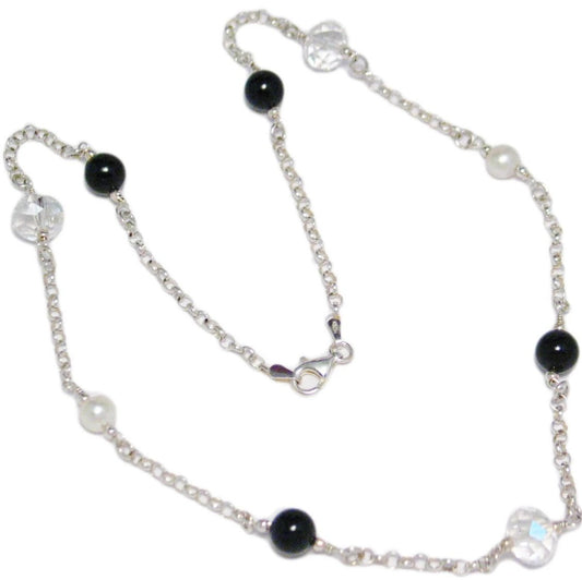 Station Necklace, Sterling Silver Fancy Black & Crystal Bead Satellite Chain Necklace