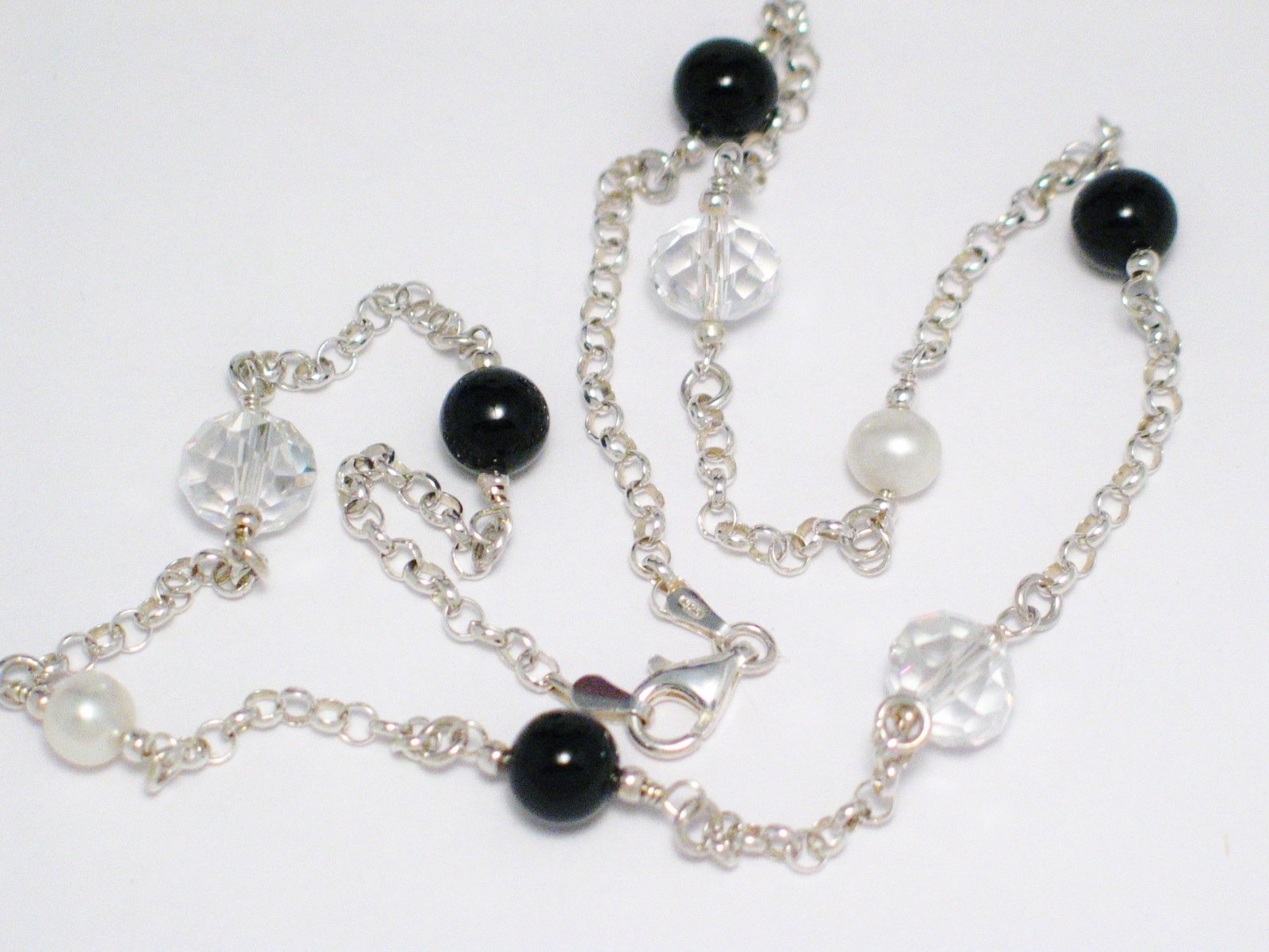 Rolo Chain Crystal Pearl Station Necklace Sterling Silver Designer Jewelry 19.5" - Blingschlingers Jewelry
