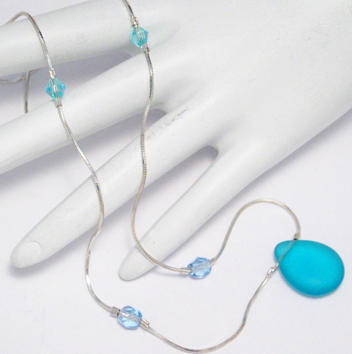 Satellite Necklace | Sterling Silver Blue Satin Seaglass Station Necklace 18" | Estate Jewelry