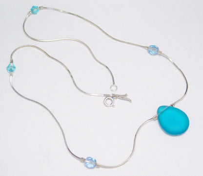 Bead Necklace, Sterling Silver Blue Satin Sea glass Teardrop Stone Station Necklace