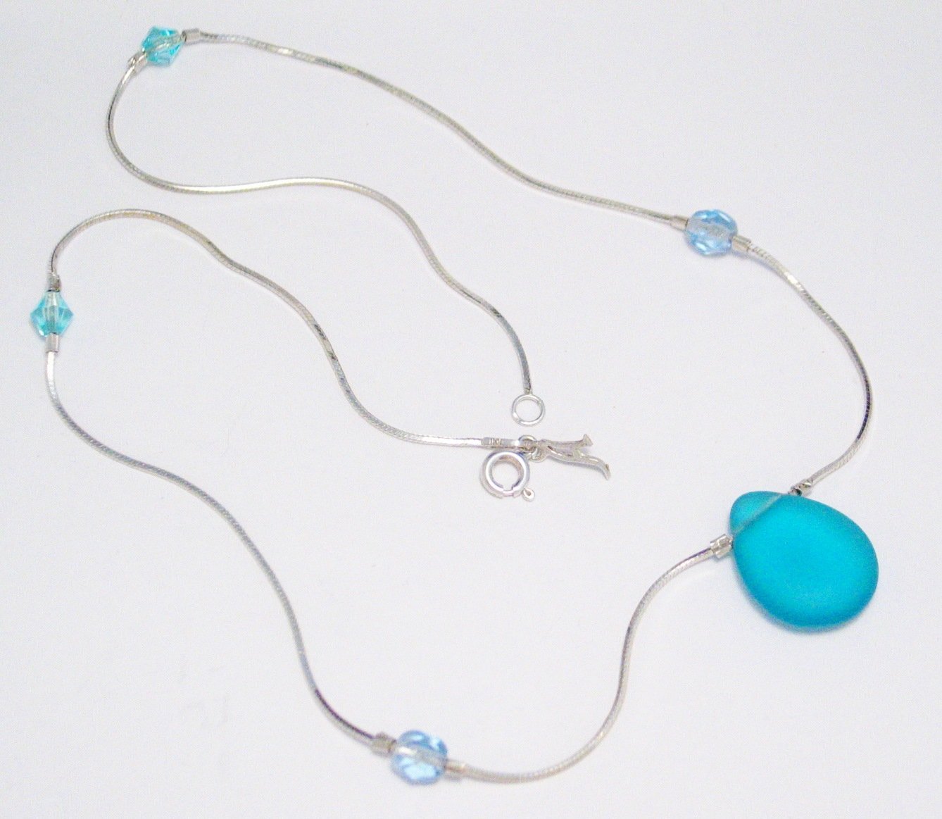 Bead Necklace, Sterling Silver Blue Satin Sea glass Teardrop Stone Station Necklace