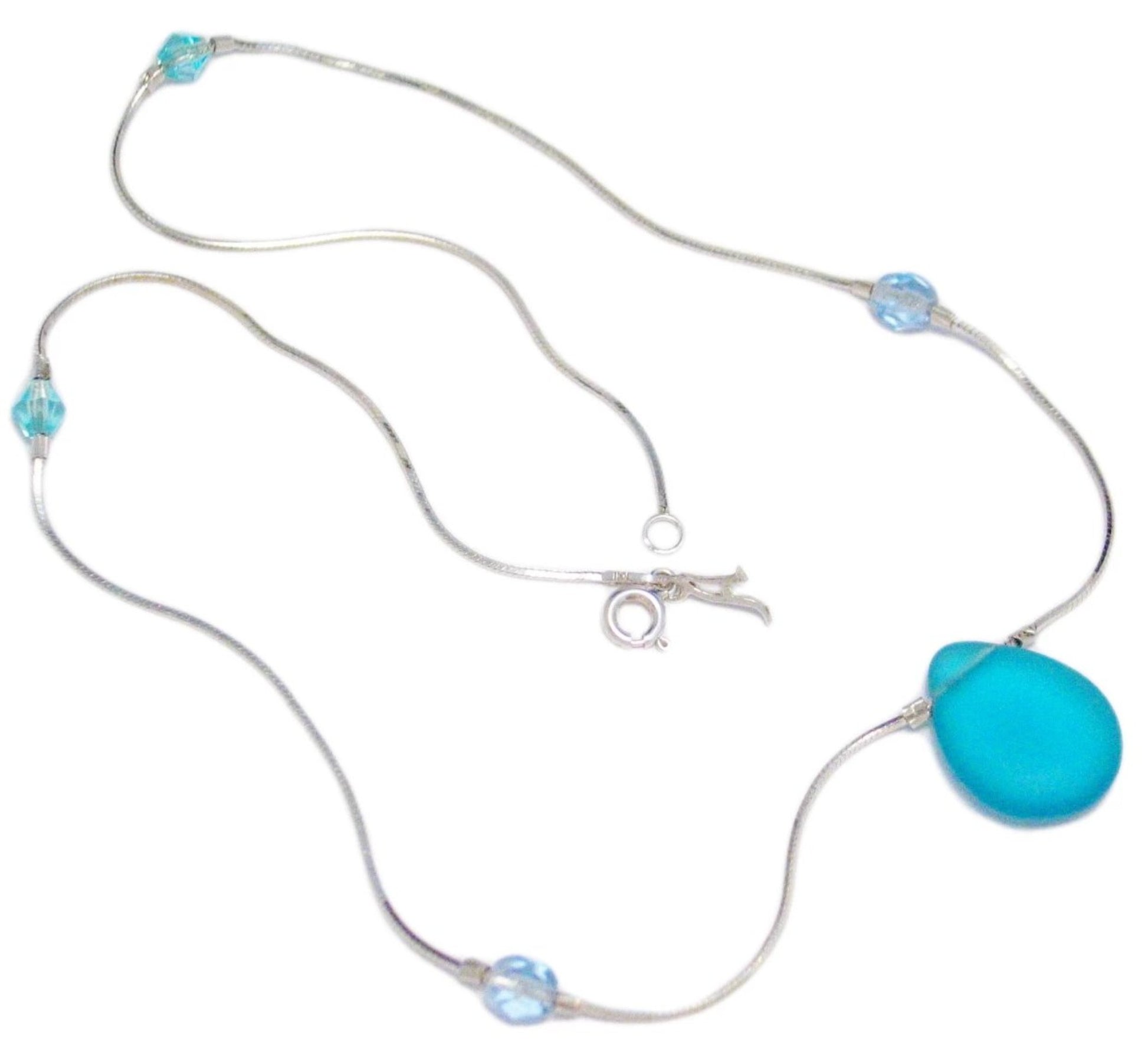 Bead Necklace, Sterling Silver Blue Satin Sea glass Teardrop Stone Station Necklace