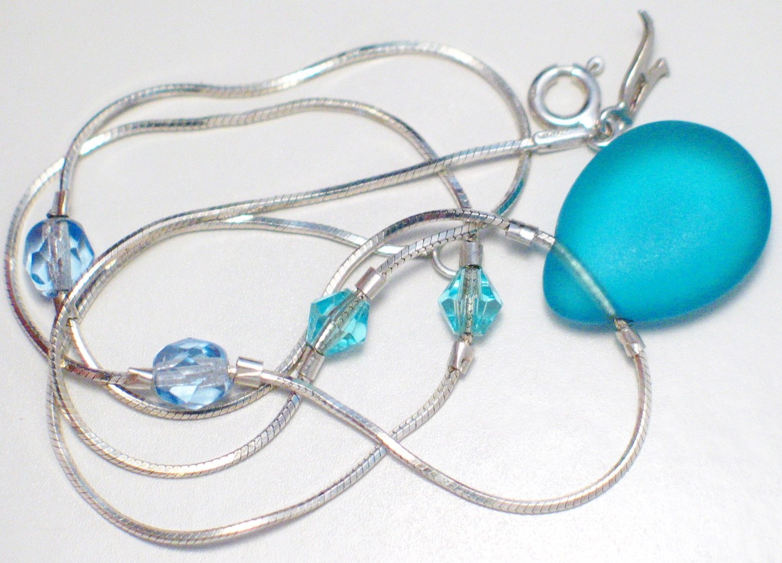 Bead Necklace, Sterling Silver Blue Satin Sea glass Teardrop Stone Station Necklace