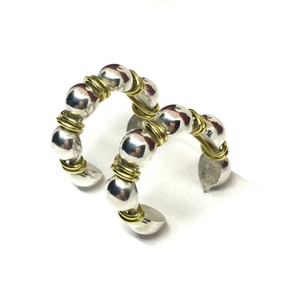 Earrings | Estate- Sterling Silver Ball Studded Wire Textured Design Hoop Earrings