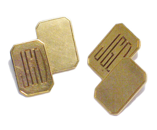 Cufflinks, Mens Vintage 9ct Gold Monogram JGD Initial Engraved Rectangle Cufflinks