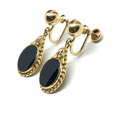 Best Low Cost Vintage Fine Jewelry website online at www.Blingschlingers.com | Elegant 10k Gold Black Onyx Stone Dangle Clip-On Earrings womens