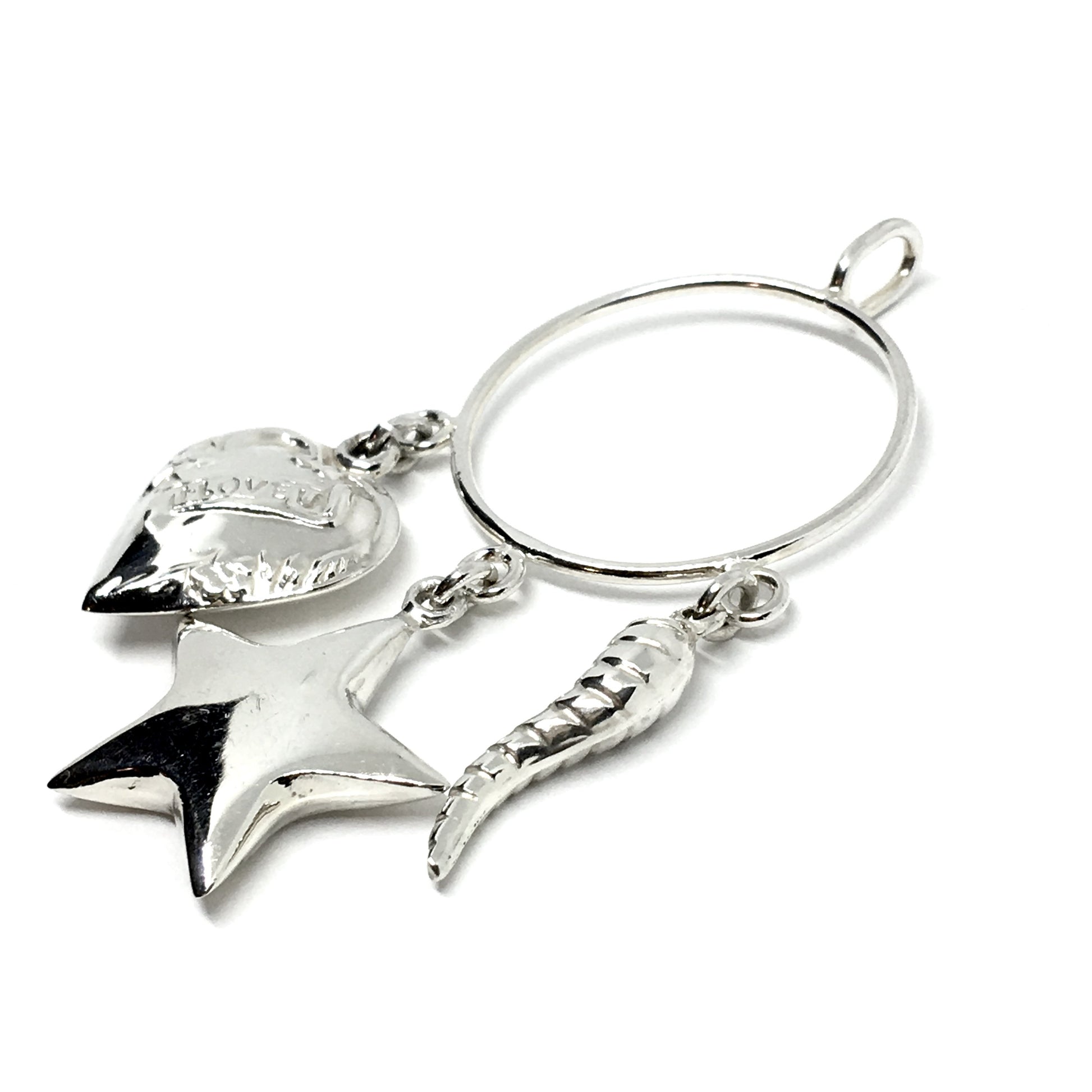 Jewelry - Womens Sterling Silver Heart Star Italian Horn Decorated Circle Charm Holder Pendant - Blingschlingers USA