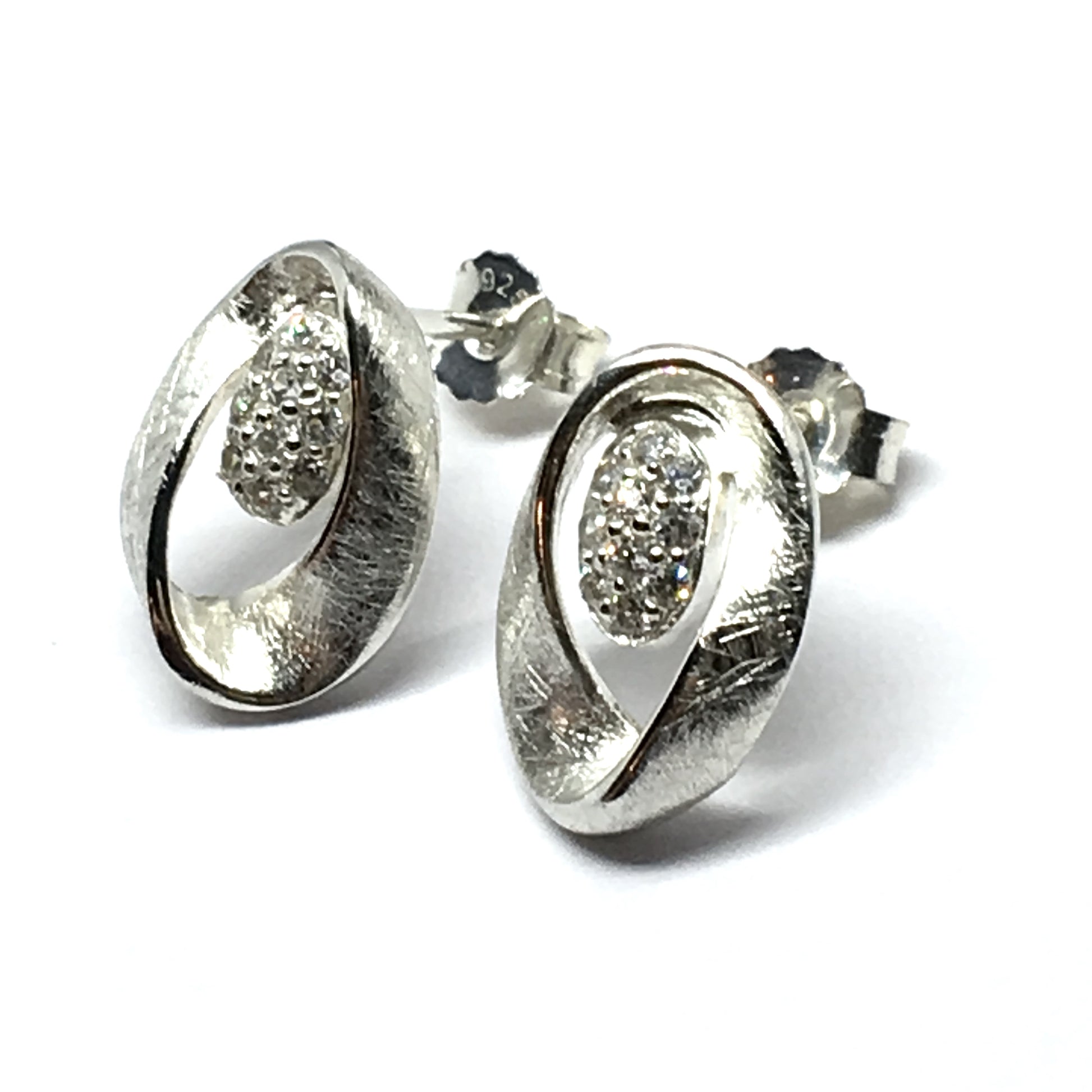 Jewelry | Womens Sterling Silver Etched Wavy Design Cz Oval Earrings