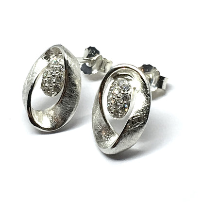 Jewelry | Womens Sterling Silver Etched Wavy Design Cz Oval Earrings