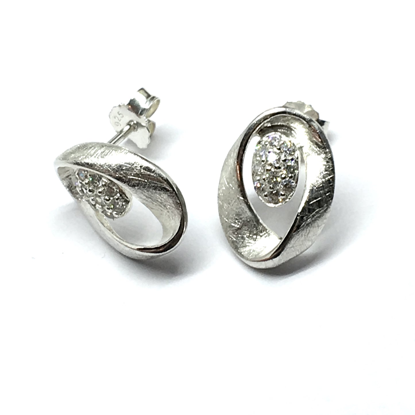 Jewelry | Womens Sterling Silver Etched Wavy Design Cz Oval Earrings