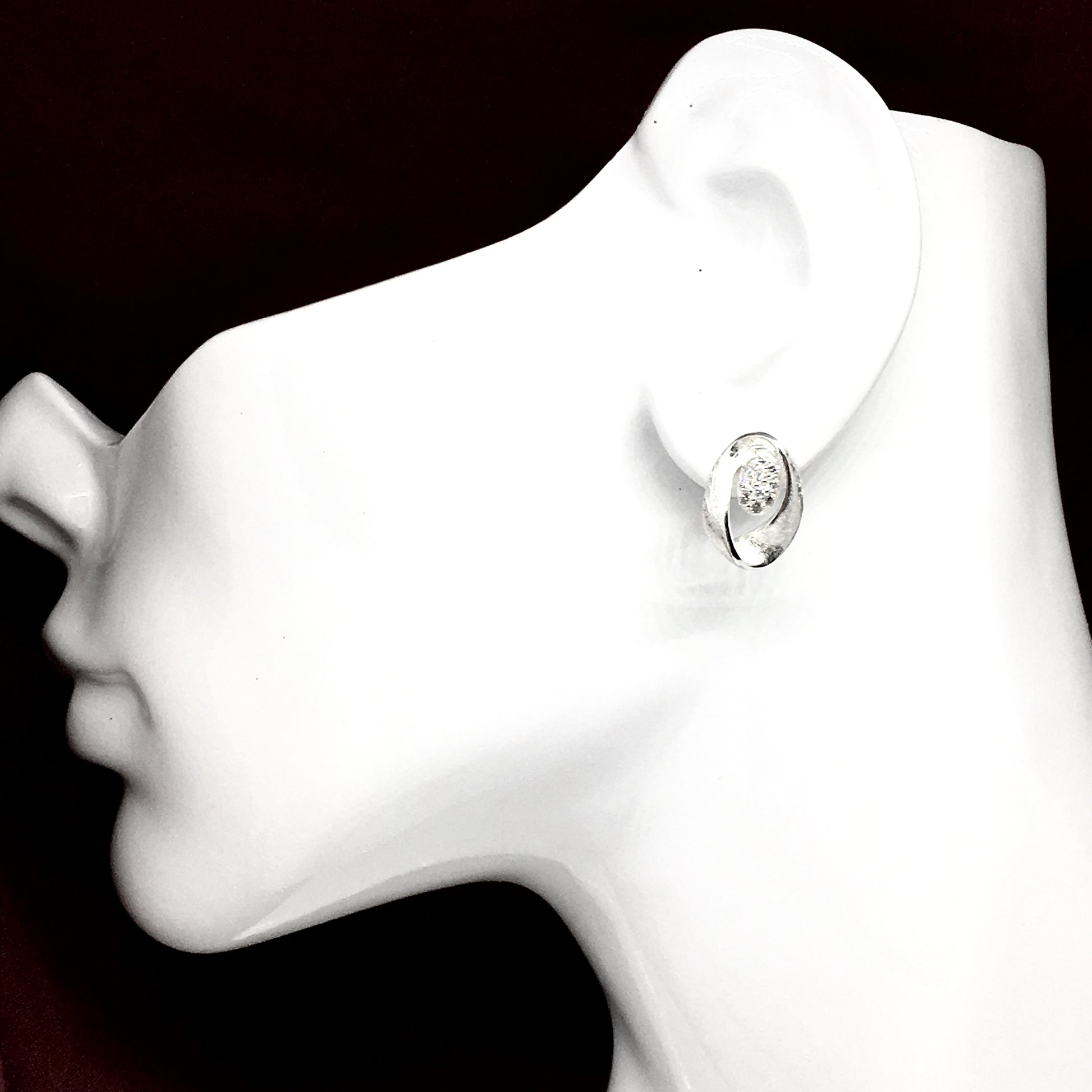 Jewelry | Womens Sterling Silver Etched Wavy Design Cz Oval Earrings