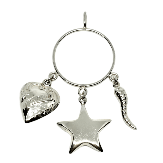 Charm Holder - Heart, Star, Italian Horn 3D Puffy Charms - Womens Estate Sterling Silver Pendant