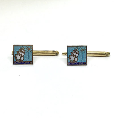 Business Style Shirt Studs | Vintage Sterling Silver Enamel Sail Boat North Star Design Square Shirt Studs