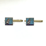 Business Style Shirt Studs | Vintage Sterling Silver Enamel Sail Boat North Star Design Square Shirt Studs