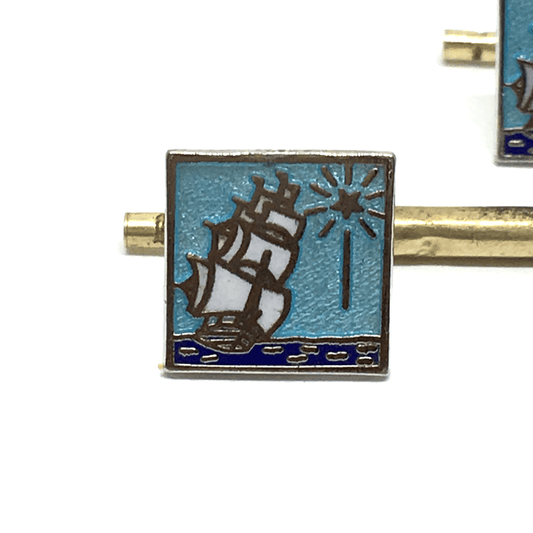 Shirt Studs - Mens Vintage Sail Boat North Star Design Button Links - Sterling Silver Blue Square Shirt Stud
